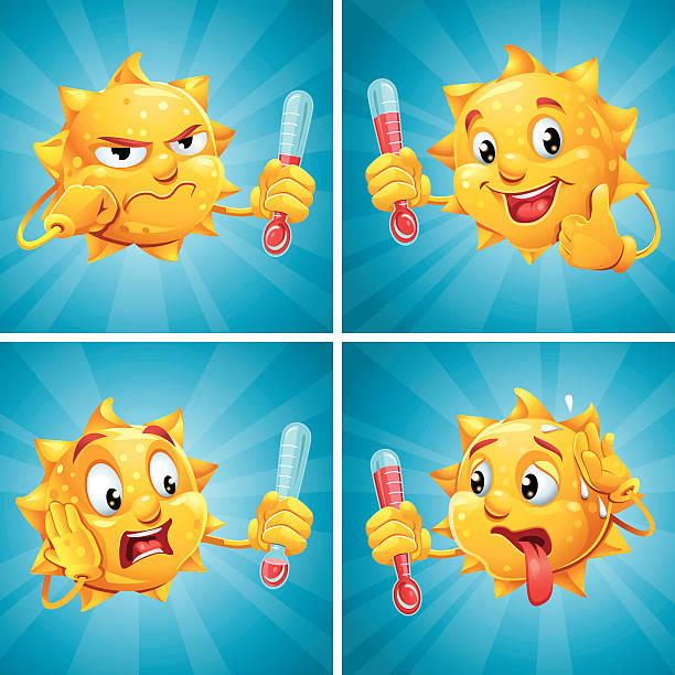 ilustraciones, imágenes clip art, dibujos animados e iconos de stock de meteorólogo sol de historieta divertido con cara humana sosteniendo termómetro - sweat