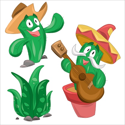 Funny Mexican cacti in a sambrero and a hat with a guitar.