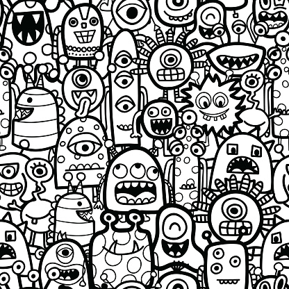 Funny monsters and aliens seamless vector pattern for coloring book. Black and white kids repeating background. Hand drawn line art illustration for fashion, fabric, wallpaper, childrens room decor.