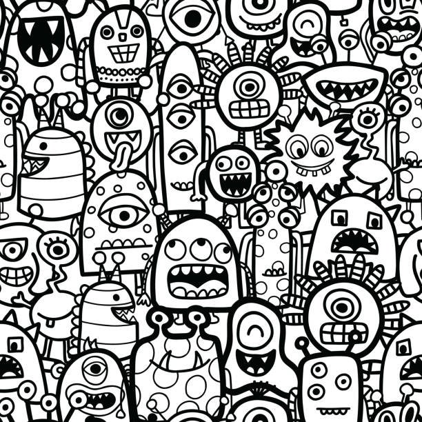 Funny monsters and aliens seamless vector pattern for coloring book. Black and white kids repeating background. Hand drawn line art illustration for fashion, fabric, wallpaper, childrens room decor. Funny monsters and aliens seamless vector pattern for coloring book. Black and white kids repeating background. Hand drawn line art illustration for fashion, fabric, wallpaper, childrens room decor coloring pages stock illustrations