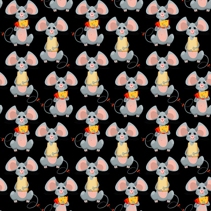 Funny mouses holding in the paws a pieces of cheese. Seamless background pattern.