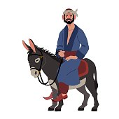 istock Funny oriental peasant riding a gray donkey. A national hero. 1366183580