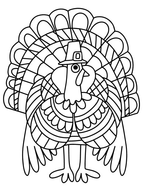 Funny ornamental turkey bird in pilgrim hat coloring page stock vector illustration Funny ornamental turkey bird in pilgrim hat coloring page stock vector illustration. Alive turkey bird full length with big tail, feet and hat. Black outline Thanksgiving mascot bird white isolated thanksgiving diner stock illustrations