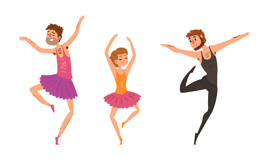 Funny People Dancing Wearing Tutu Dress Set Cartoon Vector Illustration I