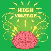 Funny Poster: brain with electrodes energized and text to design a banner or cover device. Cartoon drawing style. Vector illustration.Funny Poster: brain with electrodes energized and text to design a banner or cover device. Cartoon drawing style. Vector illustration.