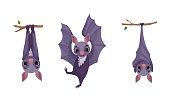 Funny Purple Bat with Cute Snout Hanging Upside Down on Tree Branch and Dancing Vector Set. Comic Mammal with Wing Membrane Concept