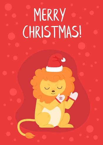 Funny red christmas greeting card with lion character