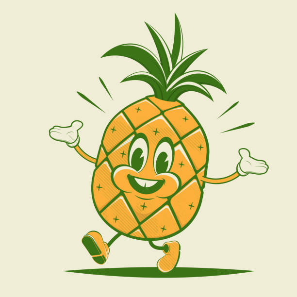 funny retro cartoon illustration of a happy pineapple vector art illustration
