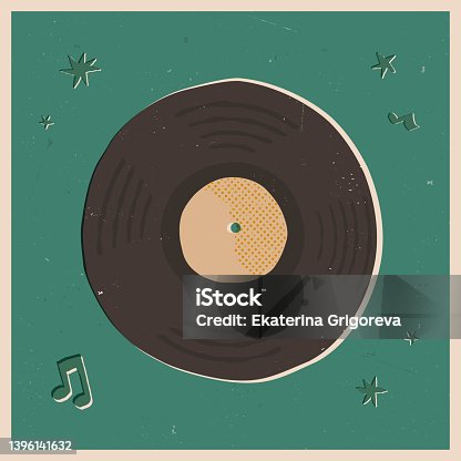 istock Funny retro style card design with vinyl record disc surrounded music notes and stars on textured green background. Hand-drawn vector illustration. 1396141632