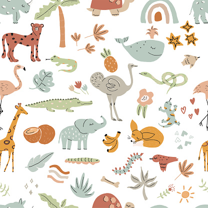 Funny seamless vector pattern with african animals, flowers, fruits and palms. Hand drawn modern illustration with cheetahs, foxes, elephants, rhinos, ostrich, lizard, giraffe, bird. Boho colors