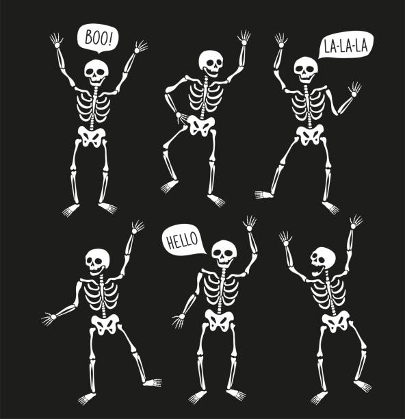 funny skeletons in different poses with speech bubbles. vector elements for...