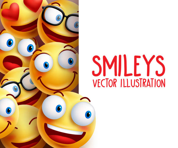 Funny smiley face vector characters happy smiling in the background Funny smiley face vector characters happy smiling in the background with empty white board space for text. Vector illustration. presentation speech backgrounds stock illustrations