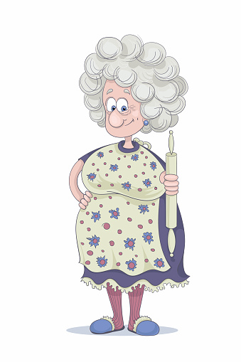 Funny Smiling Grandmother With Gray Hair In A Purple Dress ...
