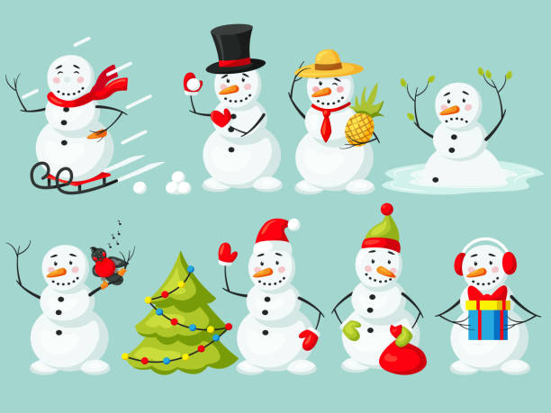 Funny snowman Christmas character isolated set Funny snowman winter Christmas character wearing hat, scarf and mitten playing, melting, skiing, giving gift, decorating xmas fir tree, singing song with bird vector illustration isolated set melting snow man stock illustrations