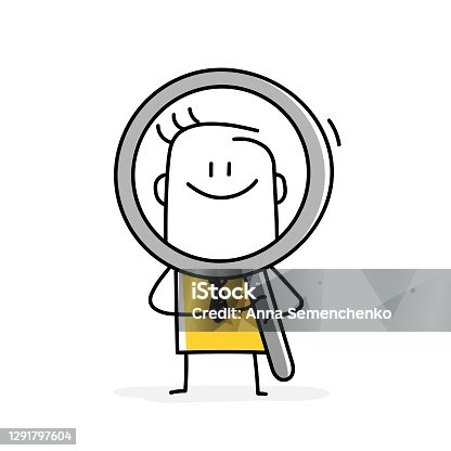 istock Funny stickman holds a large magnifying glass 1291797604
