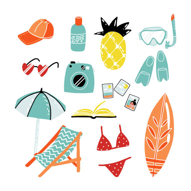 Funny summer attributes stickers set. Pineapple fruit air mattress, sunshades, lounge chair, heart sunglasses, photo camera, surfboard, sunscreen lotion, book and snorkeling kit with fins and mask. Funny summer attributes stickers set. Pineapple fruit air mattress, sunshades, lounge chair, heart sunglasses, photo camera, surfboard, sunscreen lotion, book and snorkeling kit with fins and mask. selfie patterns stock illustrations