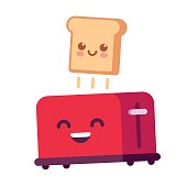 Cute cartoon toast jumping out of toaster, funny breakfast food vector illustration in simple flat style.