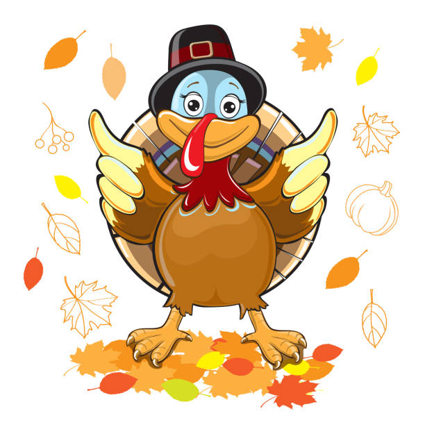 ilustraciones, imágenes clip art, dibujos animados e iconos de stock de divertido pavo y hojas de otoño para el día de acción de gracias sobre un fondo blanco - thanksgiving diner