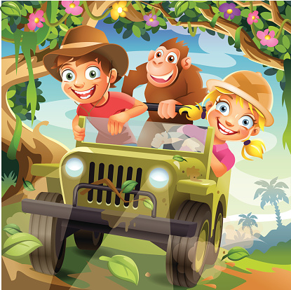 Funny Vector Cartoon Children driving in Off-Road Car through Jungle