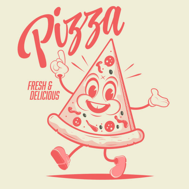 funny walking cartoon pizza in retro style vector art illustration