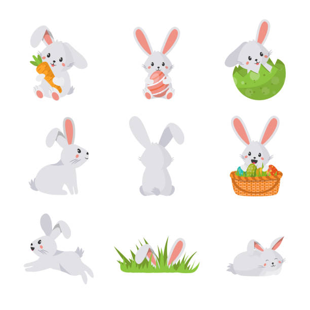 bildbanksillustrationer, clip art samt tecknat material och ikoner med roliga vita påsk kaniner i olika poser set - bunny jumping