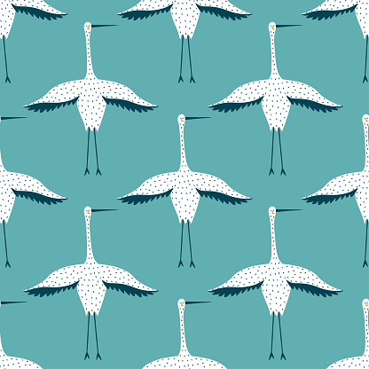 Funny white storks hand drawn vector illustration. Adorable flying birds in flat style seamless pattern for children fabric or wallpaper.