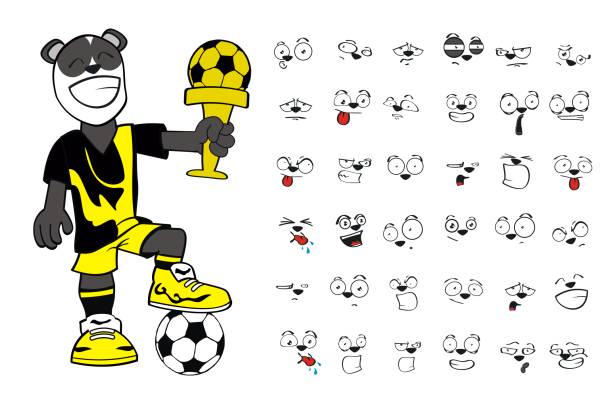 illustrations, cliparts, dessins animés et icônes de funny win panda bear cartoon soccer uniforme expressions collection - panda foot