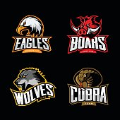 Furious cobra, wolf, eagle and boar sport vector logo concept set isolated on dark background. 