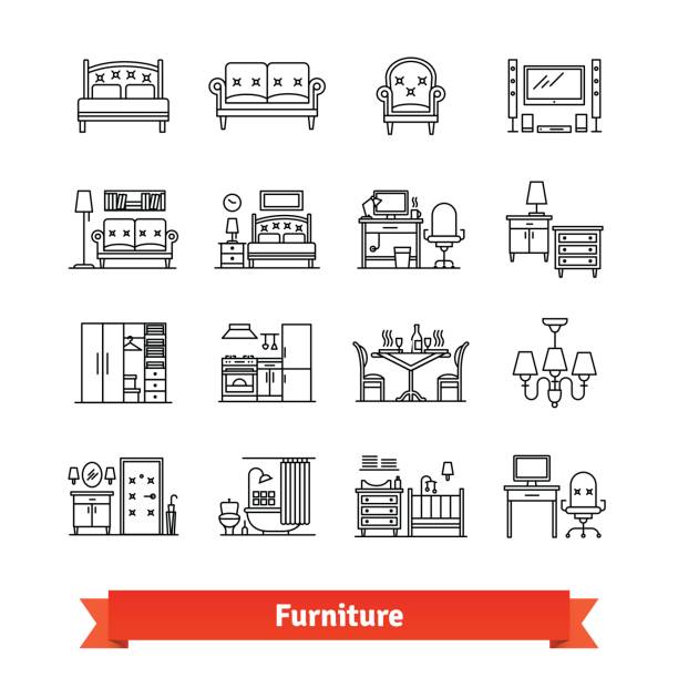 Furniture and home decor. Thin line art icons set Furniture and home decor. Thin line art icons set. Room interiors, office furnishings, decoration. Linear style symbols isolated on white. bed furniture clipart stock illustrations