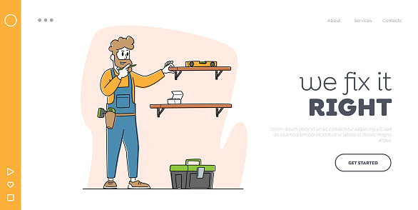 Furniture Assembly Service Landing Page Template. Carpenter Worker Character with Tools and Level Assembling Furniture