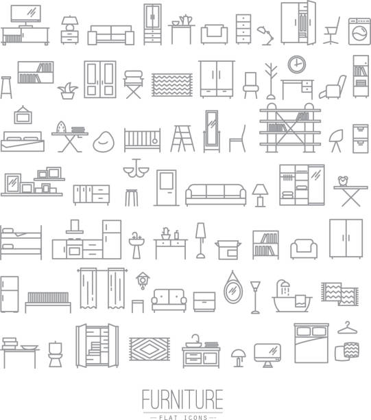 Furniture flat icons grey Furniture and home decor icon set in modern flat style drawing with grey lines on white background bed furniture designs stock illustrations