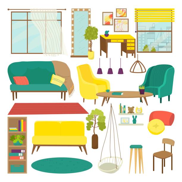 Furniture for living room set, vector illustration. Sofa, chair, table for modern interior design and house decoration collection. vector art illustration