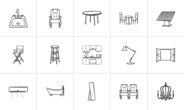 Furniture hand drawn sketch icon set Furniture hand drawn outline doodle icon set for print, web, mobile and infographics. Furniture vector sketch illustration set isolated on white background. bathroom door signs drawing stock illustrations