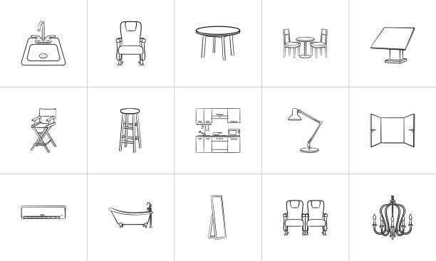 Furniture hand drawn sketch icon set Furniture outline doodle icon set for print, web, mobile and infographics. Hand drawn furniture vector sketch illustration set isolated on white background. bathroom door signs drawing stock illustrations