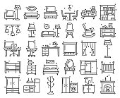 Furniture Related Objects and Elements. Hand Drawn Vector Doodle Illustration Collection. Hand Drawn Icons Set.