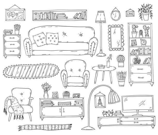 Furniture - Set of design elements. Sketch living room. Furniture and Home Accessories - Set of vector design elements. Collection of hand drawn furniture and home interior on white background. Monochrome vector illustration. drawing of a bookshelf stock illustrations