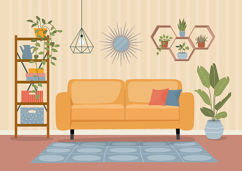 Furniture: sofa, bookcase, mirror and plants. Living room interior.Flat style vector illustration
