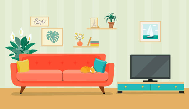 家具: ソファ、本棚、テレビ、画像。リビング ルームのインテリア。フラット スタイルのベクトル図 - リビング点のイラスト素材／クリップアート素材／マンガ素材／アイコン素材