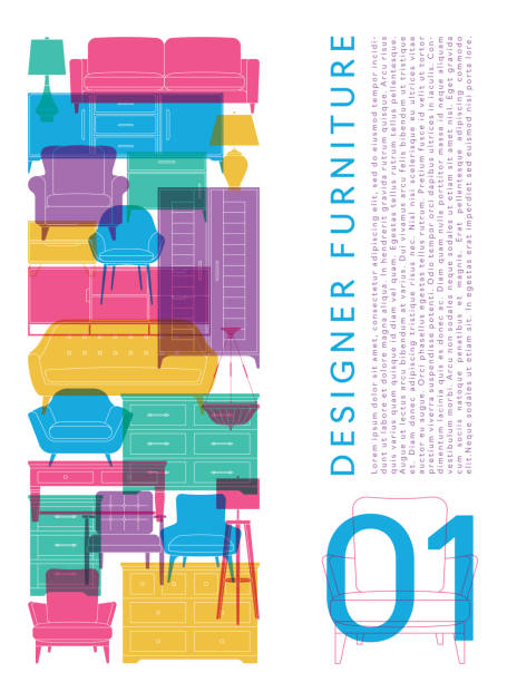 Furniture Store Catalog Interior Design Brochure Home Decor Sofas Chairs Modern contemporary furniture design brochure, flyer with risograph overprint effect. Living room, bedroom, furniture icons, interior design, home decor, sofas, beds, chairs, table lamps, floor lamps, tables and more. bed furniture silhouettes stock illustrations