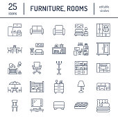 Furniture vector flat line icons. Living room tv stand, bedroom, home office, kitchen corner bench, sofa, nursery, dining table, bedding. Thin signs collection for modern interior store.