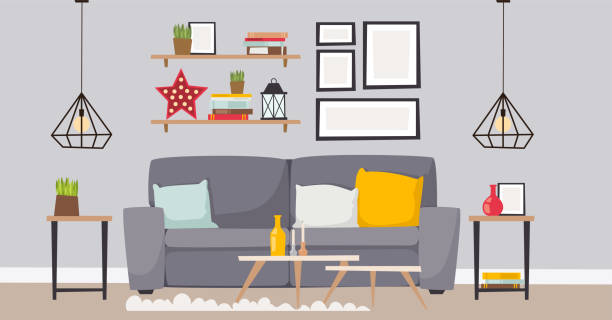 meble wektor pokój wnętrz projektowanie wnętrz mieszkanie wystrój domu koncepcja mieszkanie współczesna architektura mebli elementy wewnętrzne ilustracja - living room stock illustrations