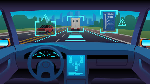 将来の自律走行車。無人運転車インテリア未来的な自律操縦センサーシステム gps 道路、漫画ベクトルの概念 - 自動運転点のイラスト素材／クリップアート素材／マンガ素材／アイコン素材