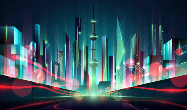 ilustrações, clipart, desenhos animados e ícones de visão de perspectiva do futuro cityscape, horizonte de tecnologia de luz neon futurista, ilustração vetorial. - metaverse