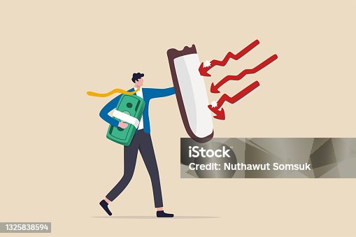 istock Future proof wealth management, inflation protection or protect from stock market crash, investment stock in market downturn concept, businessman investor holding shield to protect from red arrow bow. 1325838594