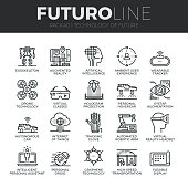 Modern thin line icons set of future technology and artificial intelligent robots. Premium quality outline symbol collection. Simple mono linear pictogram pack. Stroke vector symbol concept for web graphics.