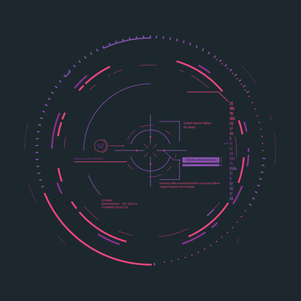 Futuristic aiming system Futuristic aim system overlay vector illustration. Connections and circles. Future information and scope aiming. Radar or targeting system overlay. Visual geometric structure, data with digits. military designs stock illustrations