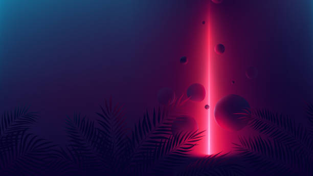 Futuristic allusion red neon ray, light reflex on spheres, vector background with empty space with tropical plants Futuristic allusion red neon ray, light reflex on spheres, vector background with empty space with tropical plants cyberpunk stock illustrations