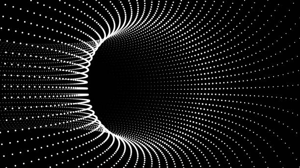 미래지향적인 블랙 퍼널. 파티클 공간 이동 터널. 표면 왜곡이 있는 추상적인 웜홀. 벡터 그림입니다. - black hole stock illustrations