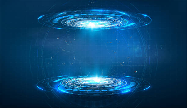Futuristic circle vector HUD, GUI, UI interface screen design. Abstract style on blue background. Blank display, stage or podium for show product in futuristic cyberpunk style.Technology demonstration Futuristic circle vector HUD, GUI, UI interface screen design. Abstract style on blue background. cyberpunk stock illustrations