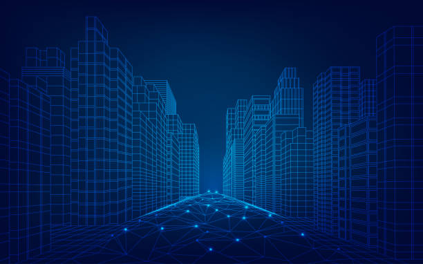 futuristic city concept of smart or digital city, wireframe cityscape in futuristic style virtual reality simulator illustrations stock illustrations
